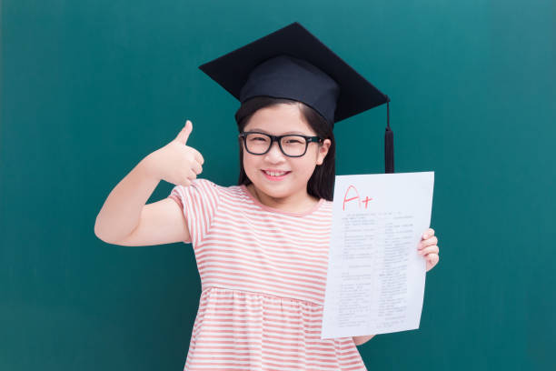 girl showing perfect test results with A plus