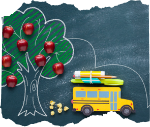 School bus under an apple tree drawn on chalk board