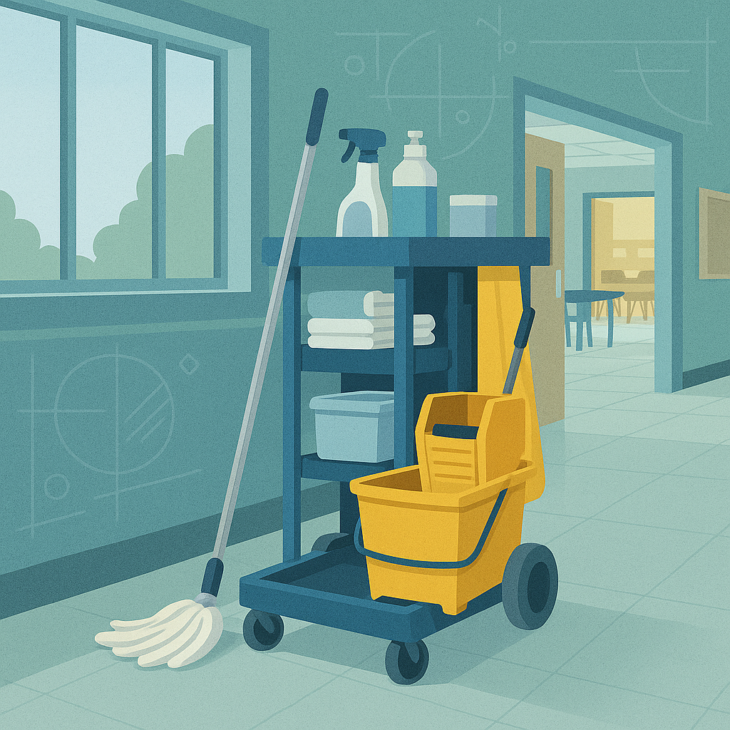 Janitorial cart with cleaning supplies in a school hallway near a classroom.