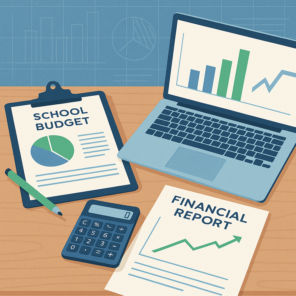 Desktop with laptop, budget reports, and calculator representing school financial planning.