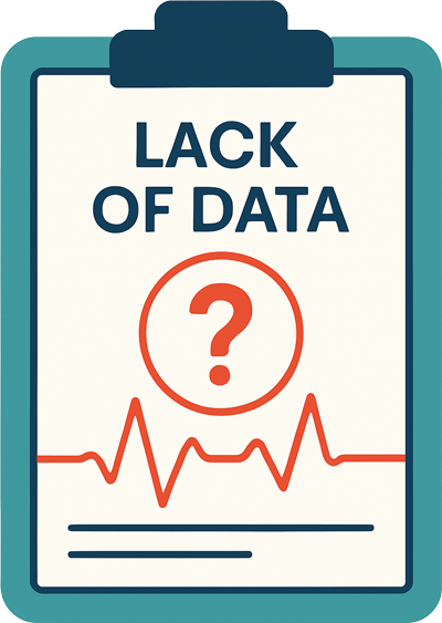 Medical-style clipboard showing “Lack of Data” with a question mark symbol and ECG line.