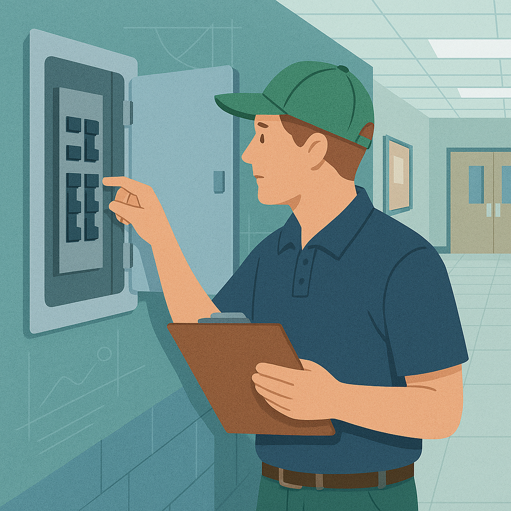 School maintenance worker inspecting an electrical panel with a clipboard in a hallway.