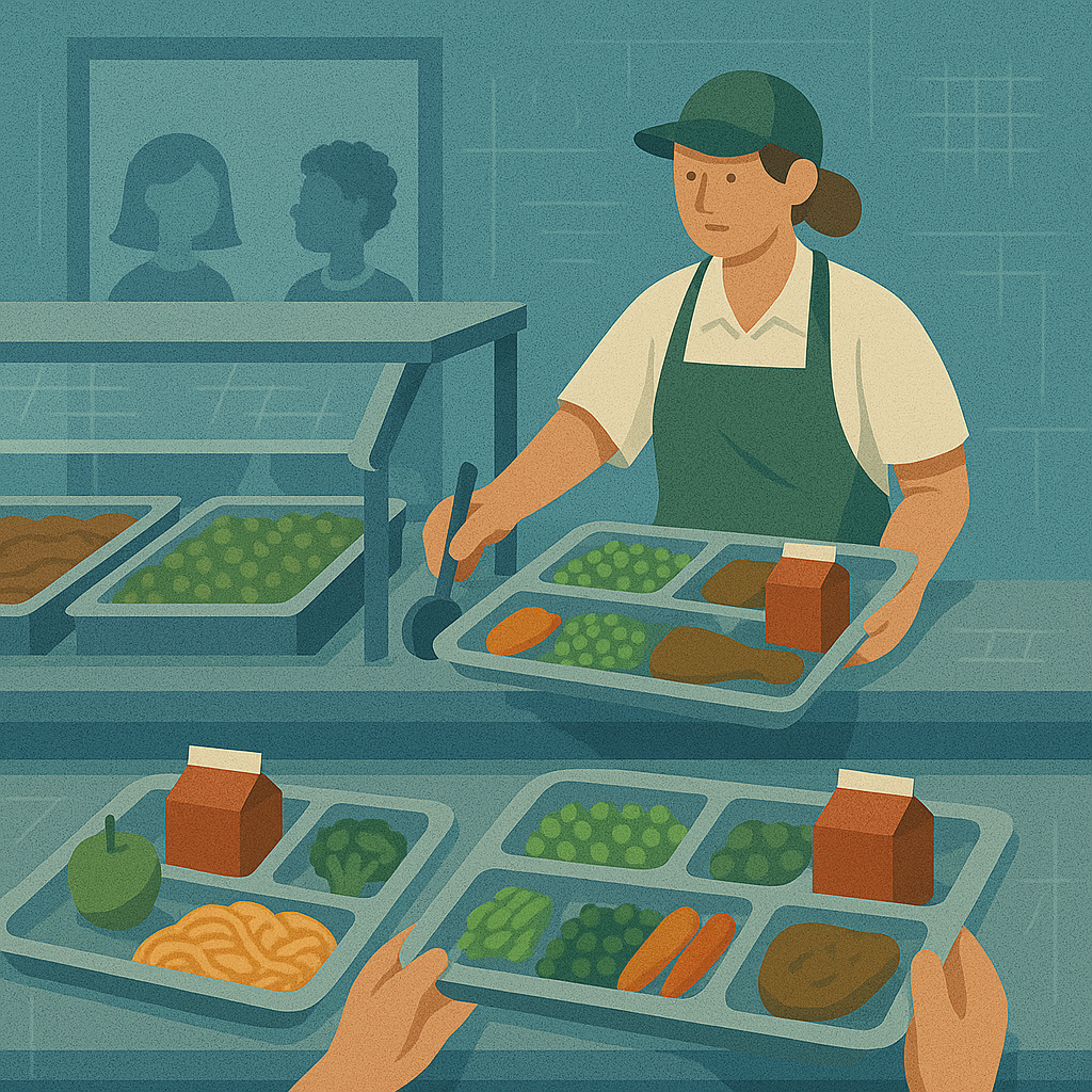School cafeteria worker serving balanced trays of food to students.