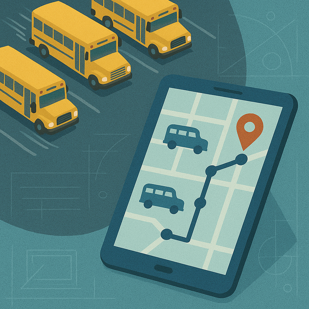 Overhead view of school buses and GPS routing on a digital tablet.