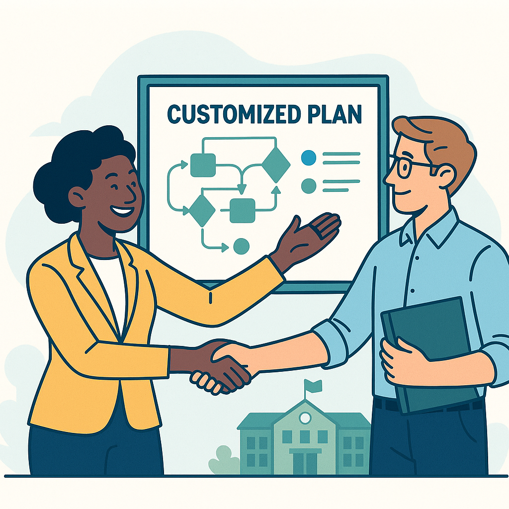 Two education professionals smiling and shaking hands in front of a “Customized Plan” diagram, representing tailored implementation strategies.