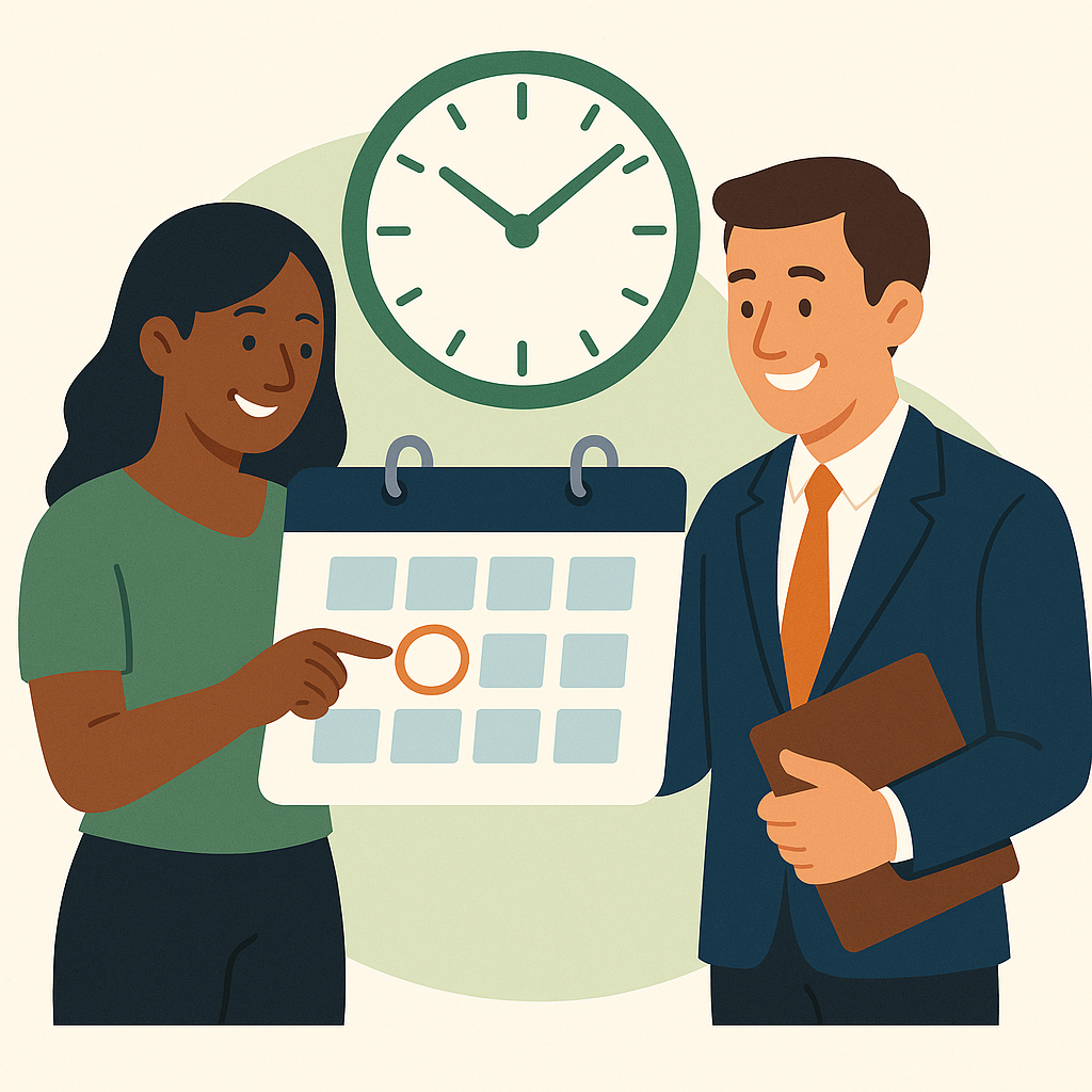 Two smiling professionals reviewing a calendar together, symbolizing flexible scheduling and collaborative planning in an educational setting.