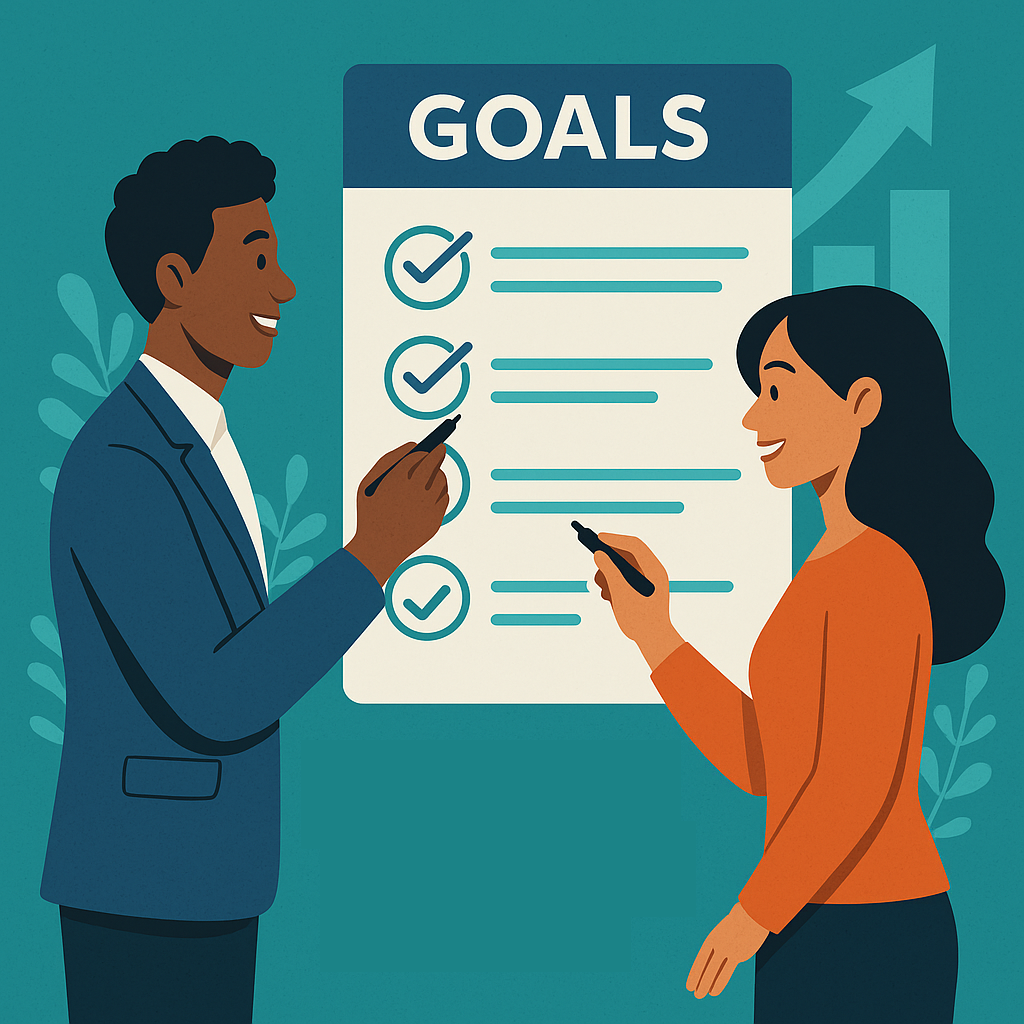 Two professionals collaboratively checking off goals on a progress board, symbolizing strategic alignment in education leadership.