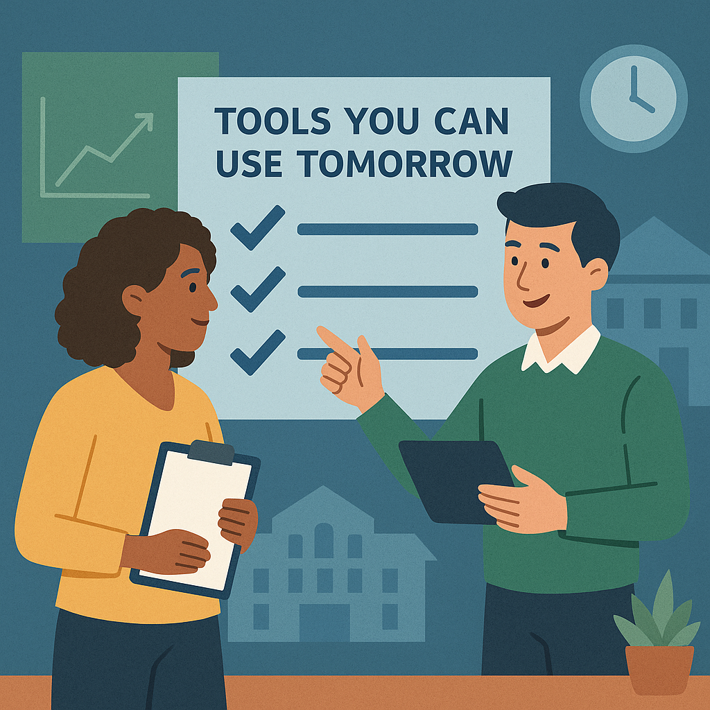 Two professionals collaborating in front of a checklist board labeled "Tools You Can Use Tomorrow," symbolizing actionable strategies for school leadership.