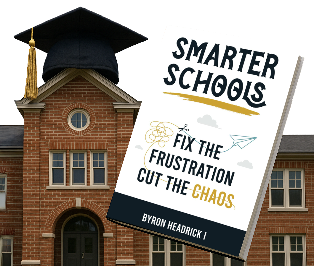 Photorealistic image of a red brick school building with a graduation cap on top and the book Smarter Schools: Fix the Frustration Cut the Chaos by Byron Headrick I prominently displayed in the foreground.
